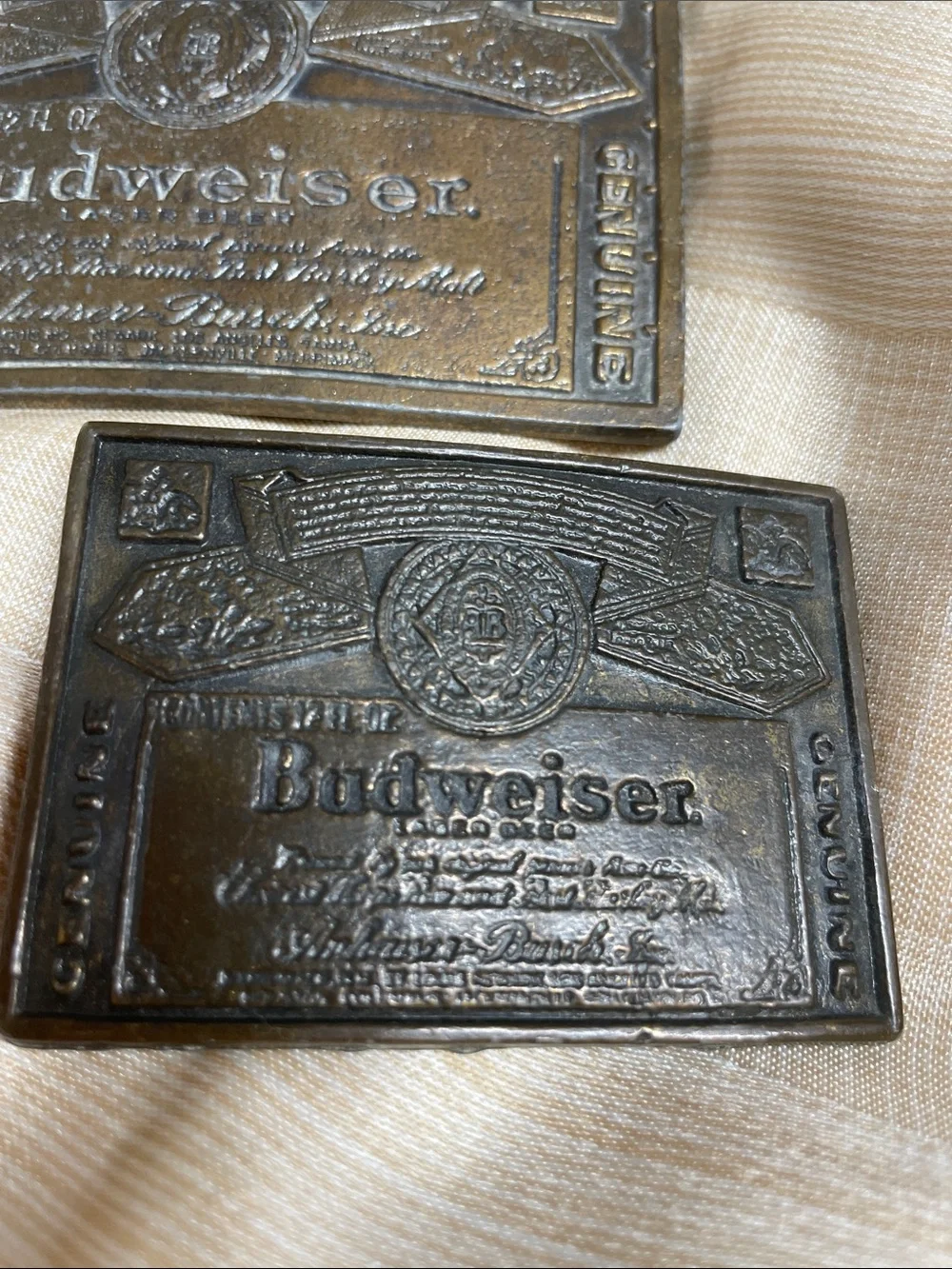 Vintage Budweiser Brass-Tone and Dark Bronze Embossed Belt Buckles